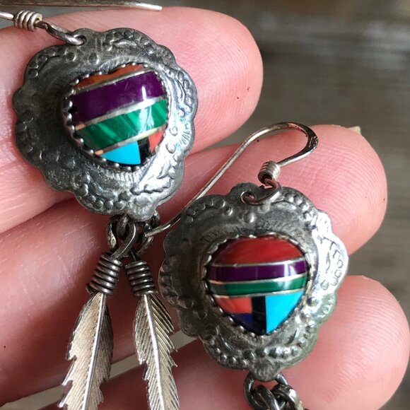 Navajo Sterling Heart & Feather Turquoise Red Coral Jet Malachite Earrings - Picture 2 of 7